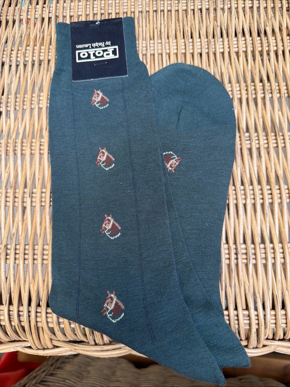 NWT Polo Ralph Lauren Green Horse Head Equestrian Dress Socks Tall Made Japan
